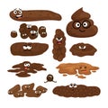 Vector isolated cartoon illustration of poop with eyes. Set of different types human feces, excrement in normal and