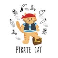 Vector isolated cat with doodle pirate bundle elements and Pirate cat lettering