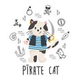 Vector isolated cat with doodle pirate bundle elements and Pirate cat lettering