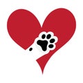 Vector isolated cat paw with black pads inside heart symbol love pets