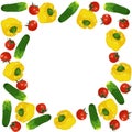 Vector isolated circle frame of fresh red tomatoes, cucumbers and yellow bell peppers