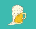 Vector isolated color sketch illustration pint, tumbler of beer. Bubbles and foam pouring from mug. Drink alcoholic