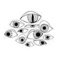 Vector isolated colorful abstract illustration of lined black ornamental bright eye shapes