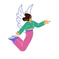 Vector isolated disproportionate character of woman flies in the air with doodle wings, Inspired happy person in free