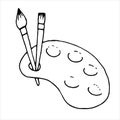 Vector isolated doodle element, paint palette with brushes, coloring book Royalty Free Stock Photo