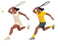 Cameroonian women's tennis player in yellow and white sports uniform who runs with a racket held high and receives the ball