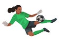 Dark-skinned teenage girl women& x27;s football goalkeeper jumps to avoid missing the ball