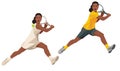 Two girl figures of a dark-skinned women's tennis player who strikes with a racket holding it with two hands