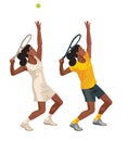 Two girl figures of a standing African women's tennis player on the court in yellow and white uniform