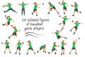 Vector isolated figures of girl's handball players and goalkeepers team in green equipment in various poses and motion