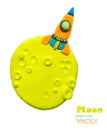Vector, isolated figures of a Rocket on the moon, made of plasticine. Bright, funny, cute colors for the design and