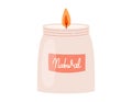 Vector isolated flat jar with decorative scented candle for interior with flame.