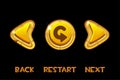 Vector isolated golden buttons back, next, return and inscription.