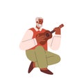 Vector isolated illustration of black gray-haired man with beard plays on ukulele, Person enjoys playing musical