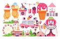 Vector isolated illustration business selling ice cream sale of food with machine, meal on wheels clown amusement park Royalty Free Stock Photo