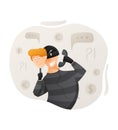Vector cartoon isolated illustration of calling sly male scammer wearing balaclava. Online or phone fraud, cybercrime