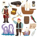 illustration characters pirates. Pirate bundle ship, kraken, chest, cannon, treasure map, parrot