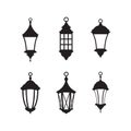 Vector isolated icon of english hanging lanterns silhouettes. Collection of six black signs of classical lamps