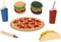 Fast food. Delicious tartilya, pizza, soda, frankfurter sausage, sausage in the dough, burger.