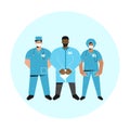 Vector isolated illustration with flat cartoon doctors. Happy smiling international team of paramedics and nurses are dressed in