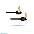 Vector. Isolated Illustration of flat a spoon and fork. A spoon of hot food ans steam. Fork icon.