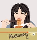 Vector isolated illustration with a girl eating enoki mushrooms with chopsticks. Mukbang concept. Food blogger