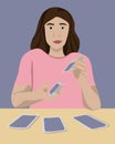 Vector isolated illustration of a girl shuffling cards.