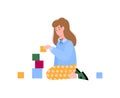 Vector isolated illustration of a little girl from kindergarten playing with blocks. Royalty Free Stock Photo