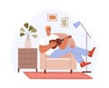 Vector isolated illustration of man in armchair plays cheerfully on ukulele in cozy room, persons enjoys playing small