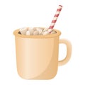 Vector isolated illustration of a mug with hot coffee or chocolate, marshmallow pieces and a straw. Winter Christmas warming drink