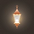 Vector isolated illustration of realistic classical hanging copper lantern. Transparent english glowing metal lamp with light bulb