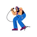 Vector isolated illustration of Rock band characters, vocalist holding microphone and singing rock music, metal band