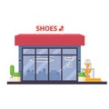 Vector isolated illustration with shoes store front in blue colors. Silhouettes of shoes and bags in window. Flat city scene Royalty Free Stock Photo