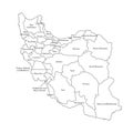 Vector isolated illustration of simplified administrative map of Iran. Borders and names of the provinces. Black line silhouettes