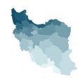 Vector isolated illustration of simplified administrative map of Iran. Borders of the provinces. Colorful blue khaki silhouettes