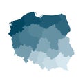 Vector isolated illustration of simplified administrative map of Poland. Borders of the regions. Colorful blue khaki silhouettes