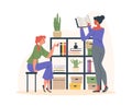 Vector isolated illustration of two pretty girls near wardrobe, rack with books, plants and boxes, reading book, sitting Royalty Free Stock Photo