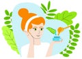 Vector isolated illustration where woman holds bottle of face cream, above which is depicted spoon of honey and aloe