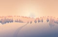 Vector isolated illustration of a winter landscape with snow, Christmas trees and dawn. Christmas card. Background in Royalty Free Stock Photo