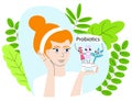 Vector isolated illustration of a woman holding bottle of face cream on which there are probiotics