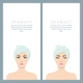 Vector isolated illustration of the woman with towel on head. Beautiful female face isolated on white.