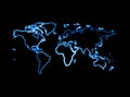 Vector isolated illustration of world map with neon effect Royalty Free Stock Photo