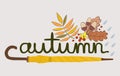 Vector isolated illustration of yellow umbrella, autumn leaves and rain drops with lettering. Autumn. Royalty Free Stock Photo