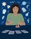 Vector isolated illustration of young girl fortune telling on tarot cards.