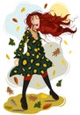 Vector isolated illustration of young woman walking outdoors in windy weather among autumn leaves.