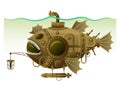 Vector isolated image of the complex fantastic submarine in the form of fish with machinery, equipment and armament