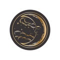 Vector isolated sticker with golden mystical crescent with a sleeping face, clouds and stars on a black background