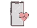 Vector isolated line icon, smartphone with heart icon and cardiogram. Medical cardiology symbol.