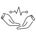 Vector isolated line medical icon. Human hands holding a cardiogram symbol.