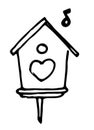 Vector isolated picture of a birdhouse with a heart and a musical note, hand-drawn in the doodle style, black line on a white